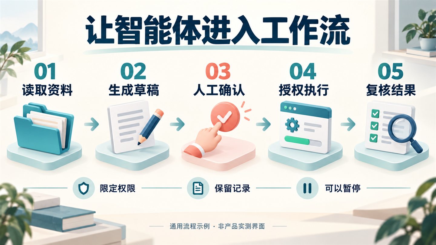 智能体工作流示意：读取资料、生成草稿、人工确认、授权执行、复核结果；全程限定权限、保留记录并可暂停