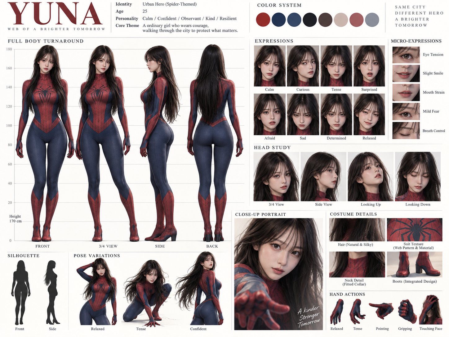 原文 YUNA 角色设定图，展示统一服装下的表情和头部角度